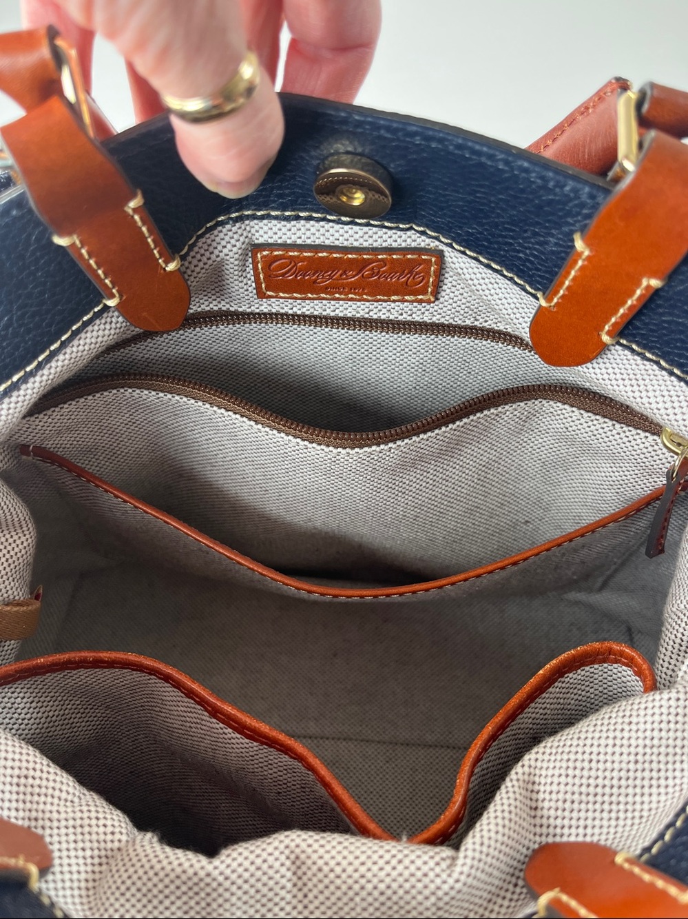Dooney & Bourke Navy Pebbled Leather Shoulder Bag with Brown Trim - Picture 8 of 16